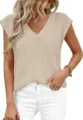 Vista detallada top de punto cuello V casual verano mujer jersey sin mangas estilo elegante - S / Albaricoque