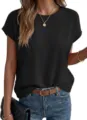 Detailed shot of womens black textured short sleeve knit top highlighting fabric and fit design. - S / Black