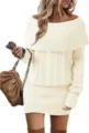Women off shoulder long sleeve knit sweater dress solid color slim fit mini dress winter - S / White