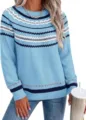 Light blue crew neck long sleeve sweater with geometric contrast stripe pattern for women. - S / Light Blue