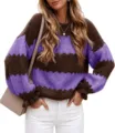 Detailed view of women's colorblock knit sweater, long sleeve crewneck pullover top. - S / Purple