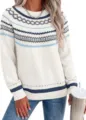 Detailed view of women's long sleeve crewneck colorblock knit sweater, cozy autumn apparel. - S / White