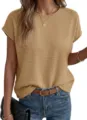 Detailed view of a casual solid color crew neck short sleeve knit sweater top for women. - S / Khaki