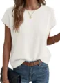Solid color casual crewneck short sleeve knit top for women summer daily wear chic style. - S / White