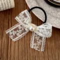 French retro white lace bow elastic hair tie with an elegant centered faux pearl - Lace Bow Hair Tie (25A0071)