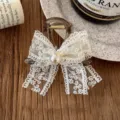 Vintage French lace bow hair claw clip with pearl embellishment in cream white. - Lace Bow Claw Clip (25A0073)