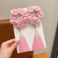 Traditional pink floral hair scrunchies with long tassels for children Hanfu accessories - Pink Rose
