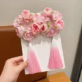 Traditional style pink floral hair ties with long tassels for girls' hair buns - Pink Rose
