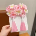 Traditional Chinese style floral hair ties with pink gradient tassels for girls - Pink Cherry Blossom