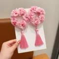 Elegant pink floral hair scrunchie with silk tassels for girls traditional hair accessories - Pink Peony