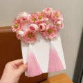 Pink floral hair accessory for girls with long tassels in traditional Hanfu style - Pink Bellflower