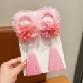 Ancient style pink flower hair rings with gradient tassels for girls - Pink Peony
