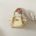 Retro-Eimer-Handtasche aus Leder mit Kordelzug in Cremegelb für den täglichen Gebrauch - Einzelne Tasche / Gelb