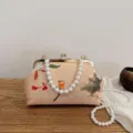 Vintage Stoff-Abendtasche mit Blumenmuster und einem eleganten Perlen-Handgriff - Aprikose Vogel Stil (Stil 3)