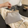 Retro silver woven handbag with pearl rhinestone clasp - Silver