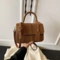 Vintage brown small crossbody handbag with elegant grid pattern and top handle design - Brown No Pendant