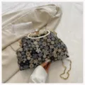 Vintage floral embroidered jacquard clutch bag with gold chain strap and pearl clasp. - Light Blue