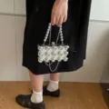 Trendy silver acrylic box clutch with sphere detailing and metallic chain strap for evening - Silver