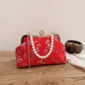 Elegant red embroidered evening bag with peach blossoms, pearl handle and gold metal chain - Peach Blossom Embroidery Style / Red