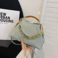 Mint green striped texture shell handbag with rhinestone gold chain strap - Green