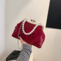 Elegant red satin evening clutch bag with 3D floral embroidery and pearl handle - Burgundy