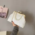 Elegant white shell clutch bag with floral embroidery pearl handle and gold chain - White