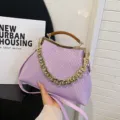 Purple woven shell handbag with wood-texture handle and gold chain - Purple