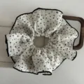 Cream colored seersucker large hair scrunchie with black floral print and piped edges - A Style-White Floral