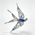 Detailed view of flying swallow brooch with blue crystal and multi-color rhinestones - Blue Multicolor
