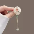 Elegant New Chinese style jade ring tassel brooch featuring pink enamel flowers and alloy - Peony (XZ25159)