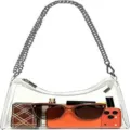 Interior view of transparent PVC shoulder bag with sunglasses and orange phone - Gunmetal Chain Handle