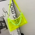 Close-up detail of neon yellow transparent PVC jelly bag with plastic chain strap - 24*6*17CM / Neon Yellow
