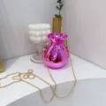 Luxury glossy pink fortune bag style evening clutch with delicate gold chain strap - Pink Red