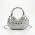 Elegante bolso de noche plateado con pedrería, cadena de lujo y asa nervada - Diamante Cuadrado Plateado