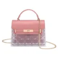 Elegant pink small square bag with transparent geometric pattern and gold chain strap. - Pink