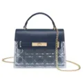 Navy blue transparent square flap handbag with gold-tone lock and elegant chain strap - Blue