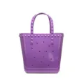Stylish purple studded PVC jelly beach bag featuring trendy cutout star patterns - Purple