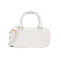 Detail front view of a minimalist white glossy handbag featuring double handles and gold hardware. - 220*80*100mm / White