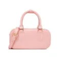 Detailed view of a pink glossy rectangular handbag with gold-tone buckle and handles. - 220*80*100mm / Pink