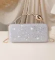 Luxury silver rhinestone evening clutch bag featuring an elegant golden rose metal handle - Silver