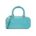 Front view of glossy turquoise handbag with gold hardware and shoulder strap - 220*80*100mm / Teal