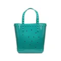 Stylish teal PVC jelly tote bag featuring star cutouts and silver studded trim details - Cyan