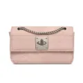 Borsa a tracolla rosa in denim con trapuntatura a rombi e catena in metallo argento. - Rosa