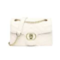 White quilted crossbody bag featuring a stylish chevron pattern and golden chain strap - White
