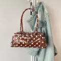 Stylish brown PVC polka dot shoulder bag with glossy jelly finish and long handles. - 28*8*12 / Brown