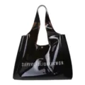 Grande borsa tote in PVC nero con design minimalista a stampa di lettere bianche - Nero