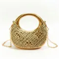 Detailed view of elegant gold rhinestone evening clutch bag with circular handle - Gold Rice Rhinestone