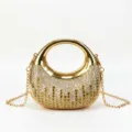 Front view of golden crescent evening bag with shimmering rhinestone gradient design - Gold Raindrop Rhinestone
