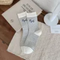 Striped dog embroidered women cotton mid tube socks cute casual daily wear warm breathable - One Size / White Striped