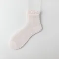 Women thin mesh breathable mid-tube socks with elegant lace ruffle trim, comfortable summer wear. - One Size / Pink
